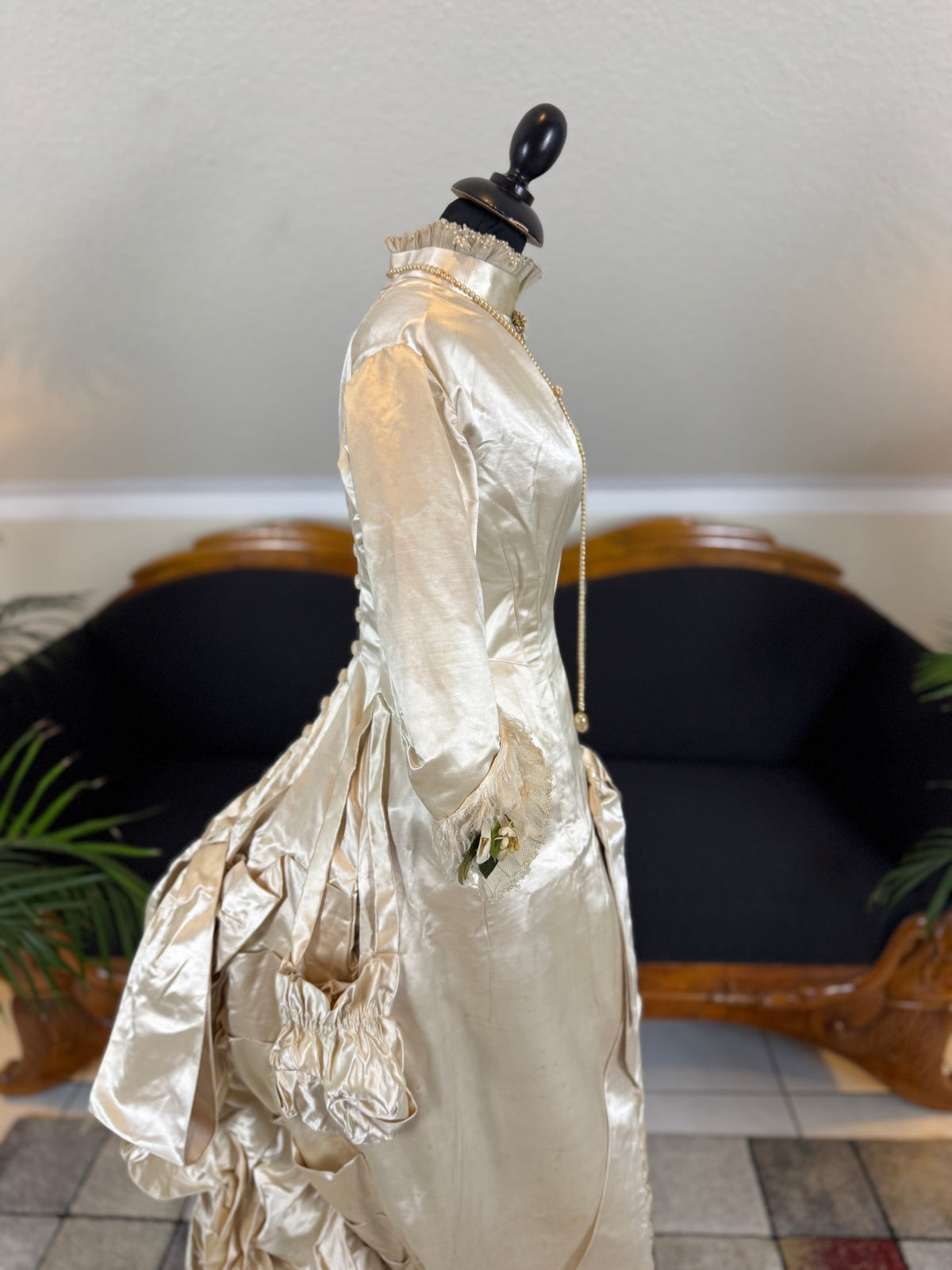 Antique 1882 cream satin silk wedding dress with pleated trims, lace, faux pearls and Kate Rimer provenance