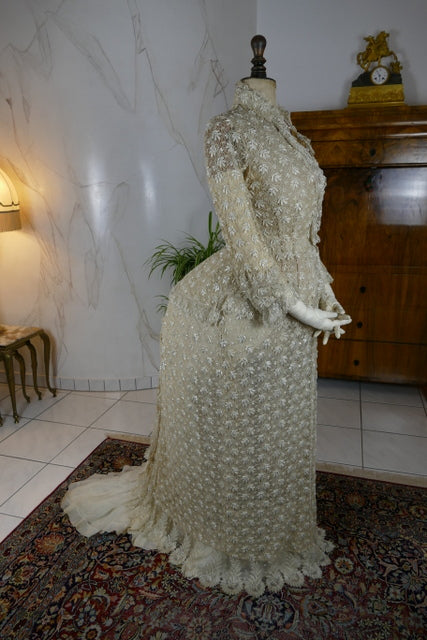 Late 1870s silk lace overdress with Bohemian glass beads and wide cuffs, antique Victorian gown