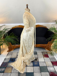 „Antique 1912 cream silk brocade evening dress with lace, crepe drapes and Lady Gillman provenance“