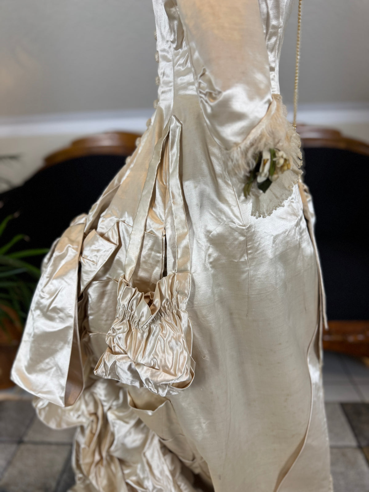 Antique 1882 cream satin silk wedding dress with pleated trims, lace, faux pearls and Kate Rimer provenance