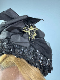 Victorian bonnet ca. 1880 with silk, sequins, fabric flowers, Paris label, chin bow, well preserved