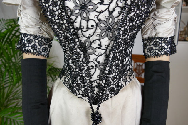 1893 evening dress — antique Victorian gown with silk bodice and lace trim