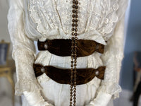 1911 Madame Agnes Unwin white cotton summer dress with lace inserts, high waistline and airy skirt, antique gown