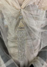 1912 Titanic‑era antique evening dress in ivory silk with lace bodice, draped skirt and rhinestone details, antique gown