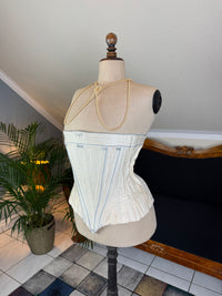 One‑piece vintage blue silk corset in 18th‑century style with hip gores and back lacing, English manufactory, excellent condition
