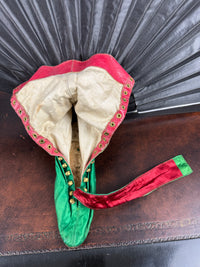 Victorian Green Silk Lace‑Up Boots, ca. 1875 – Low Heel, Brass Fasteners, Red Leather Lining