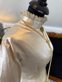 Antique Wedding Dress 1882 – Cream Satin Silk with Pleated Trims, Lace & Faux Pearls, Kate Rimer Provenance