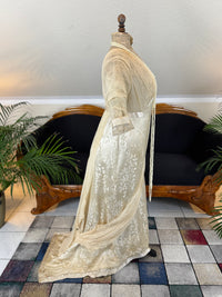 „Antique 1912 cream silk brocade evening dress with lace, crepe drapes and Lady Gillman provenance“