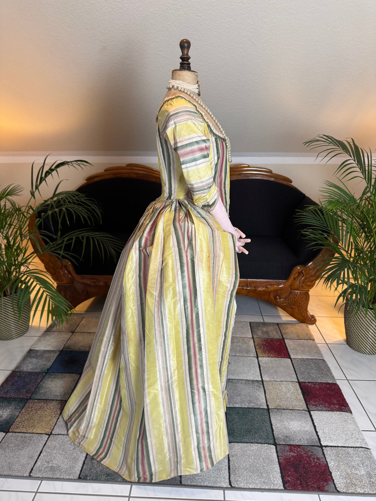 18th‑century striped silk gown, warp‑printed taffeta, robe à l’anglaise.
