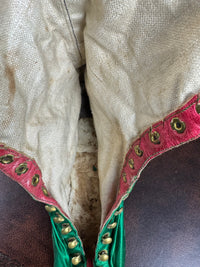 Victorian Green Silk Lace‑Up Boots, ca. 1875 – Low Heel, Brass Fasteners, Red Leather Lining