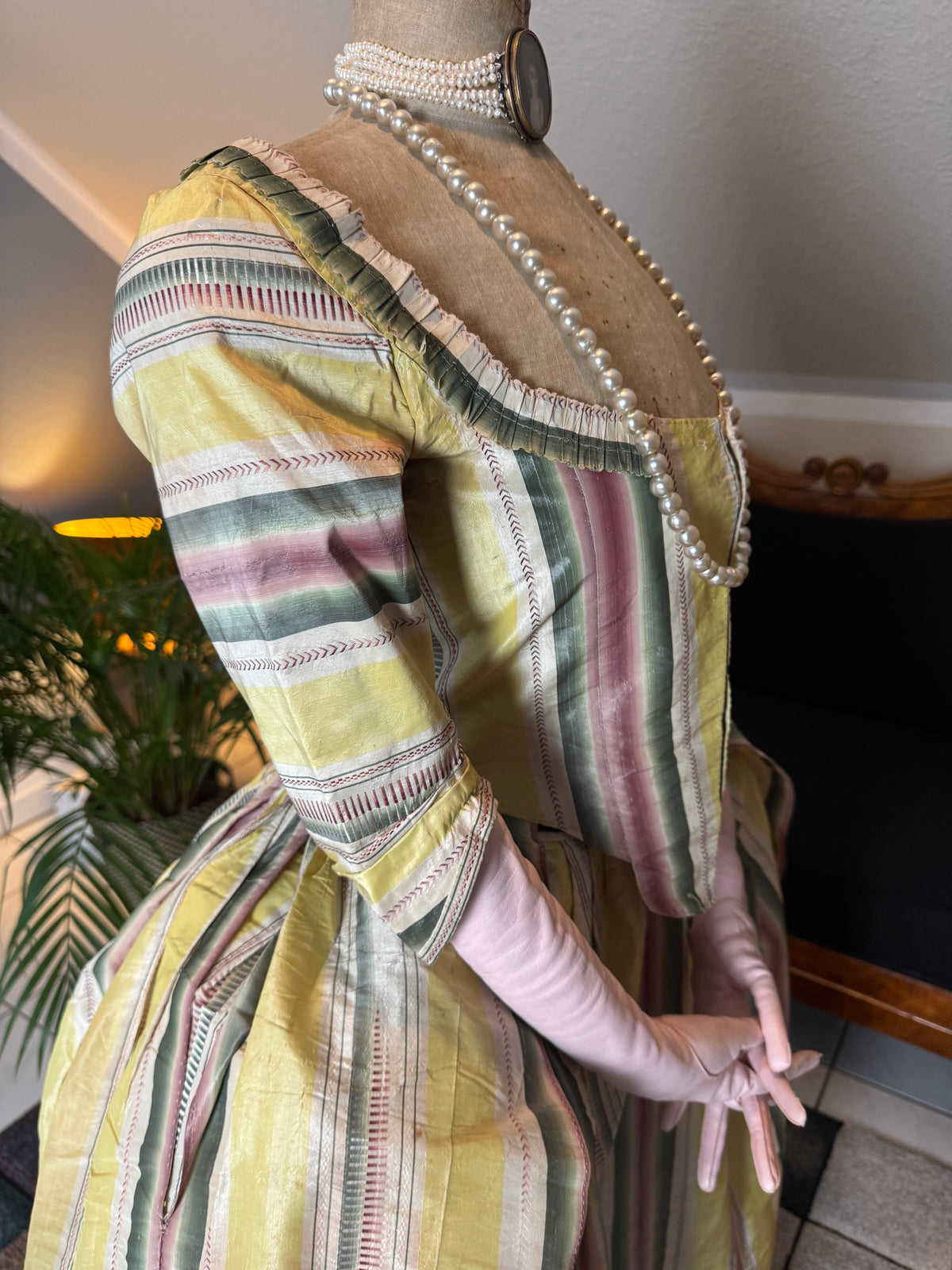 18th‑century striped silk gown, warp‑printed taffeta, robe à l’anglaise