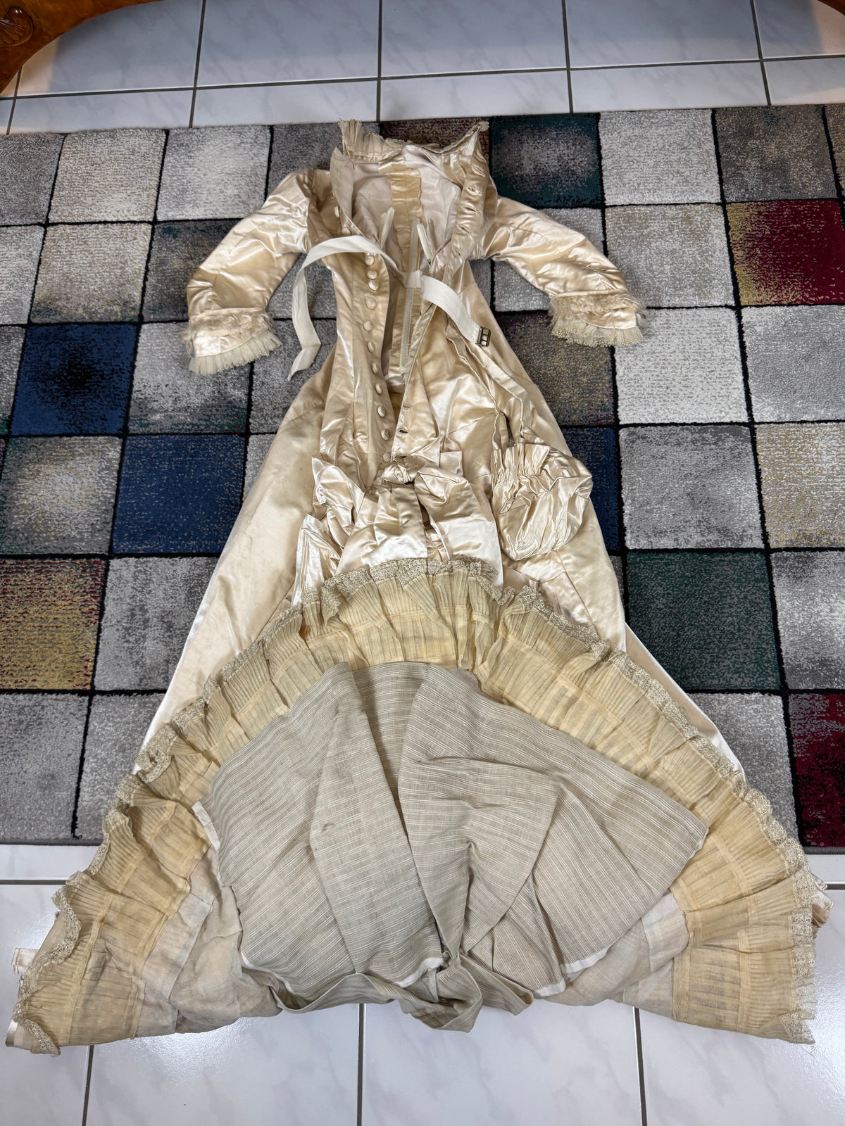 Antique Wedding Dress 1882 – Cream Satin Silk with Pleated Trims, Lace & Faux Pearls, Kate Rimer Provenance