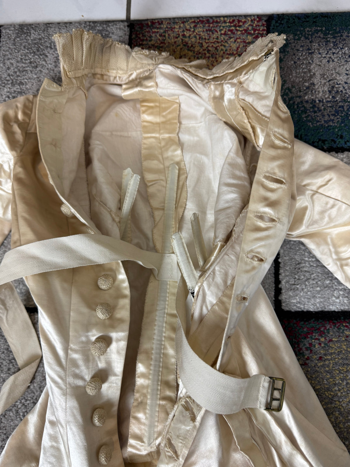 Antique Wedding Dress 1882 – Cream Satin Silk with Pleated Trims, Lace & Faux Pearls, Kate Rimer Provenance