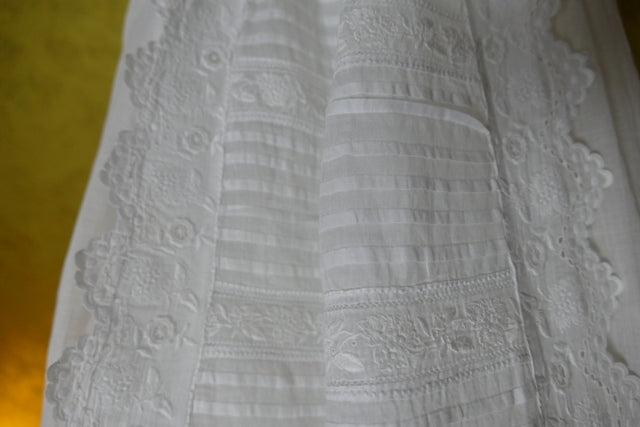 ntique white cotton christening dress with scalloped hem, Edwardian period