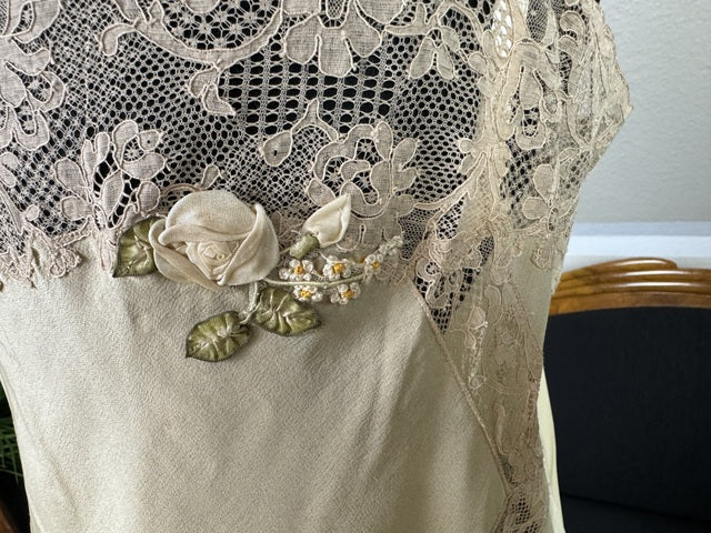 Marshall Field & Co. 1920s yellow silk chemise with ecru lace and rosette appliqué, antique lingerie.