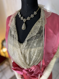 1912 pink wild silk dress with lace collar, chiffon sleeves and decorative buttons, antique Edwardian gown