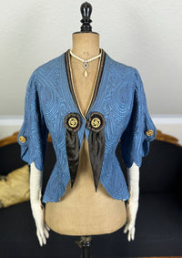 Antique blue linen jacket with soutache appliqués