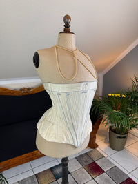 One‑piece vintage blue silk corset in 18th‑century style with hip gores and back lacing, English manufactory, excellent condition