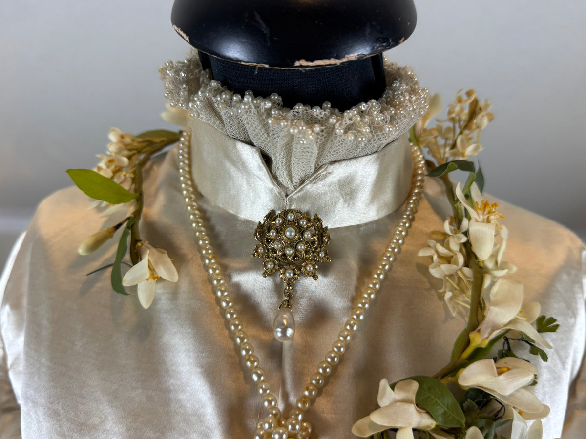 Antique Wedding Dress 1882 – Cream Satin Silk with Pleated Trims, Lace & Faux Pearls, Kate Rimer Provenance