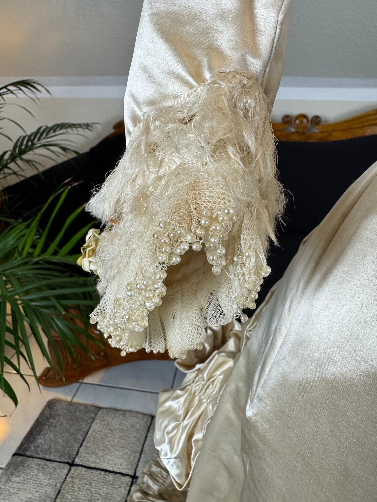 Antique Wedding Dress 1882 – Cream Satin Silk with Pleated Trims, Lace & Faux Pearls, Kate Rimer Provenance