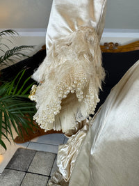 Antique Wedding Dress 1882 – Cream Satin Silk with Pleated Trims, Lace & Faux Pearls, Kate Rimer Provenance