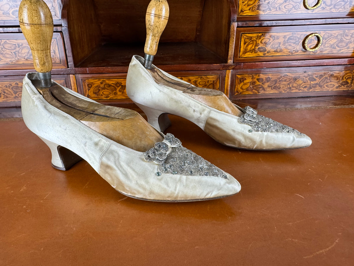 Antique 1911 silk wedding shoes with glass beads by Hook, Knowles & Co. and Lady Gillman provenance