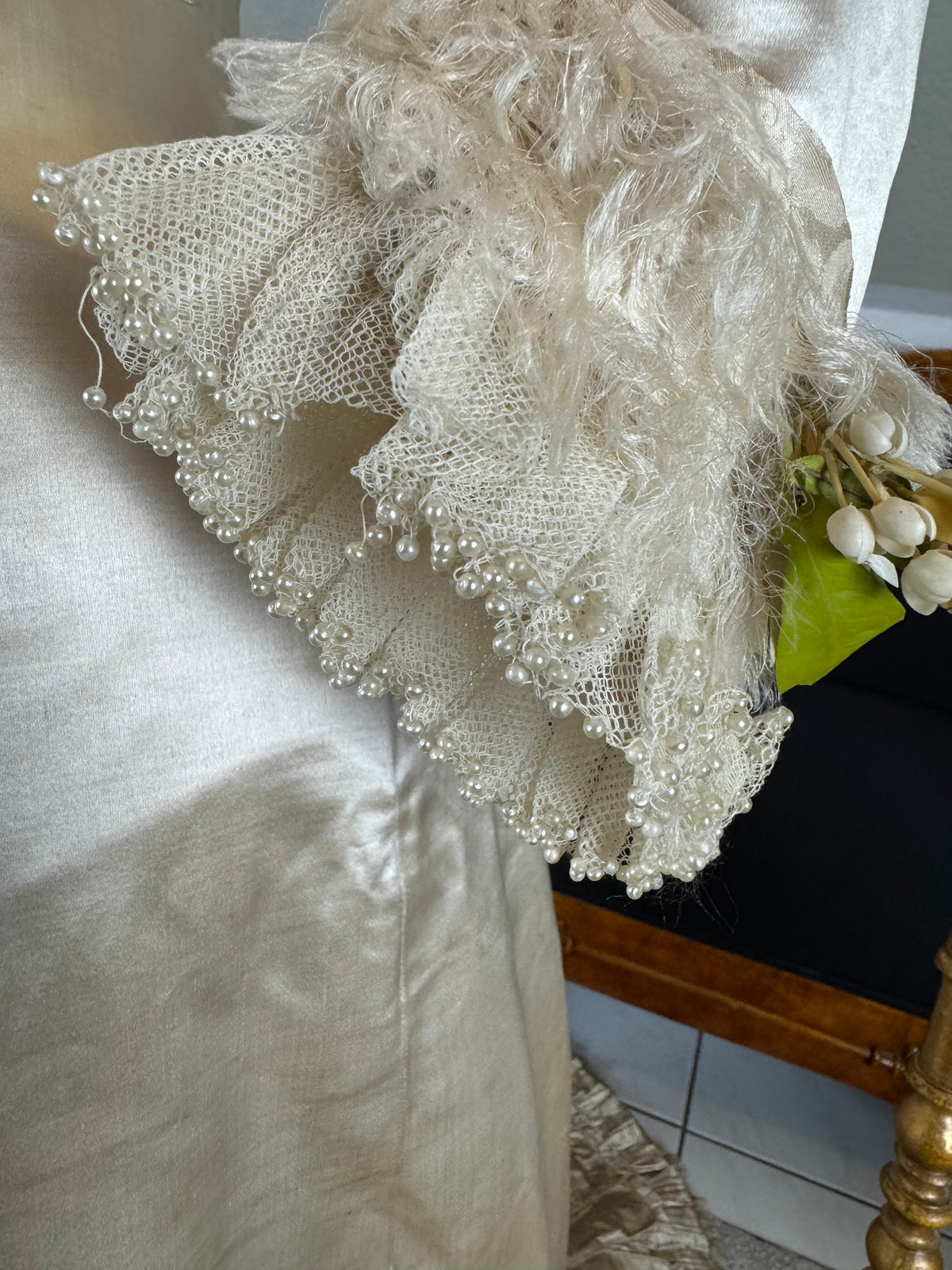 Antique Wedding Dress 1882 – Cream Satin Silk with Pleated Trims, Lace & Faux Pearls, Kate Rimer Provenance