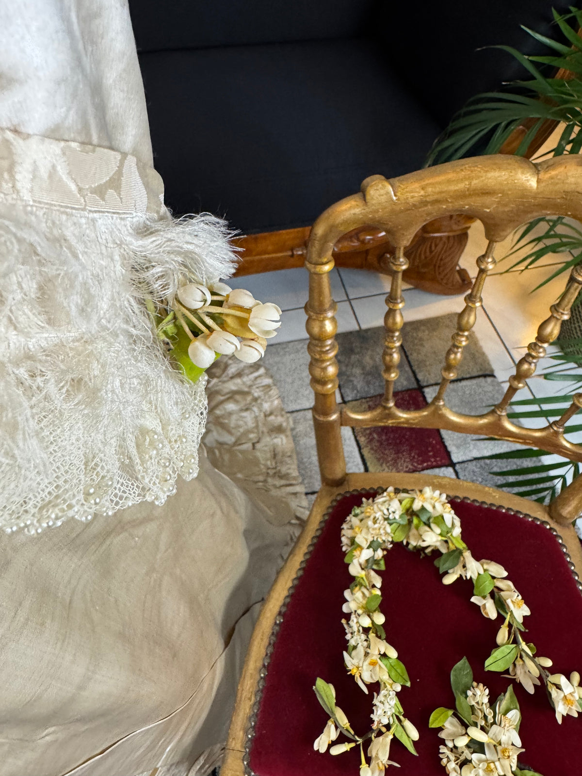 Antique Wedding Dress 1882 – Cream Satin Silk with Pleated Trims, Lace & Faux Pearls, Kate Rimer Provenance