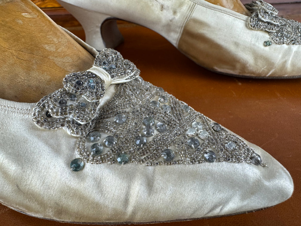 Antique 1911 silk wedding shoes with glass beads by Hook, Knowles & Co. and Lady Gillman provenance