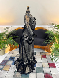 Antique Parisian evening gown with lace, tulle, velvet, rhinestones and beadwork, Marc Walter Place Vendôme label, Belle Époque couture designed for candlelight