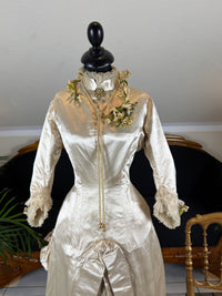 Antique 1882 cream satin silk wedding dress with pleated trims, lace, faux pearls and Kate Rimer provenance