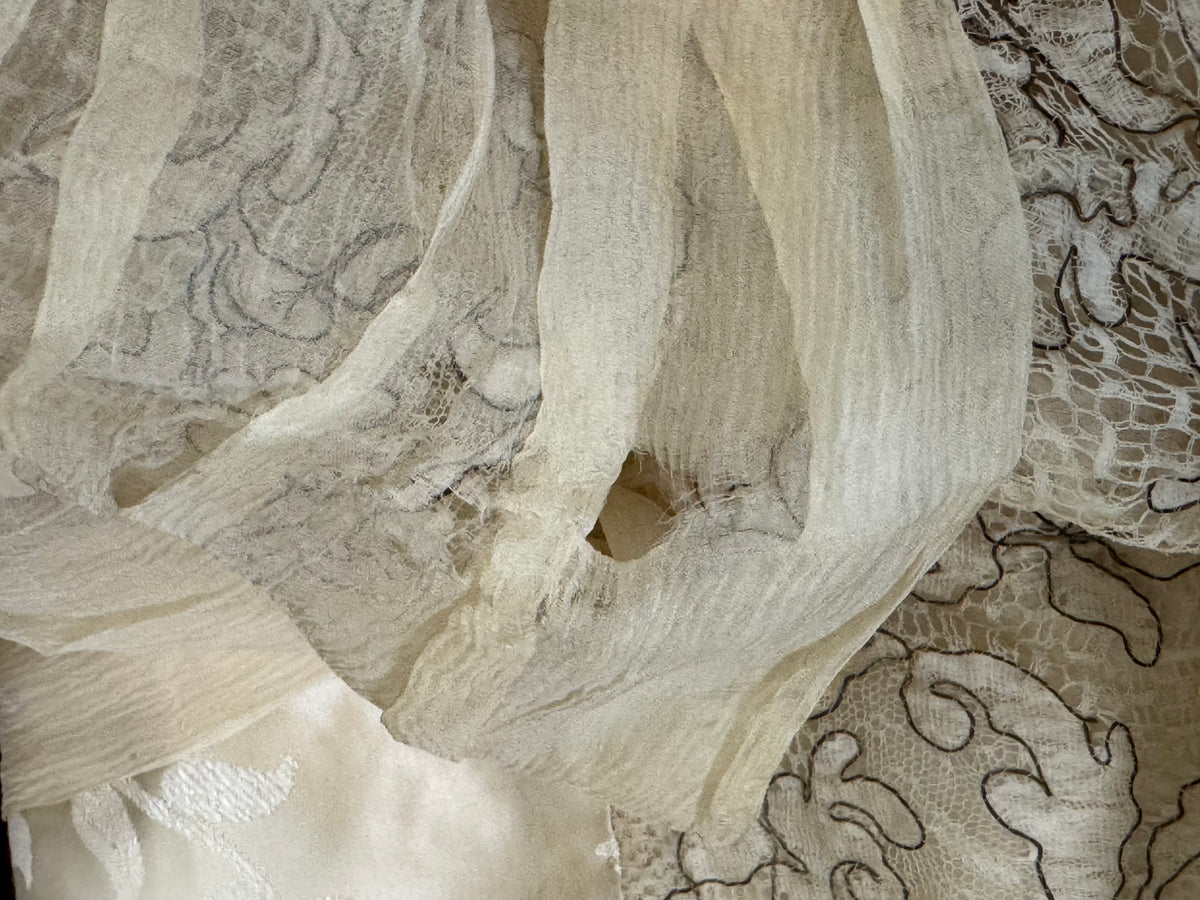 Evening Dress 1912 – Cream Silk Brocade with Lace & Crepe Drapes by M. E. Humble, Court Dressmaker, Lady Gillman Provenance