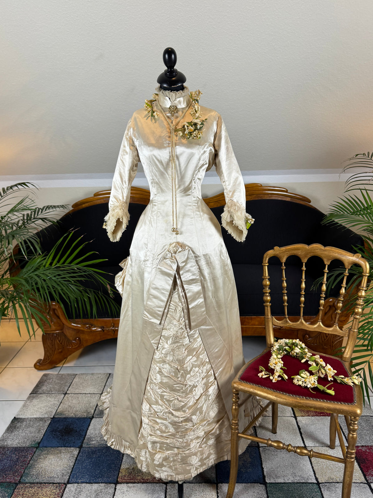 Antique 1882 cream satin silk wedding dress with pleated trims, lace, faux pearls and Kate Rimer provenance