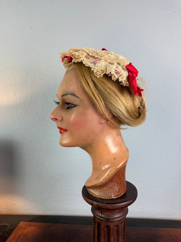 Victorian lace bonnet with red ribbons, indoor house bonnet ca. 1880, well preserved.