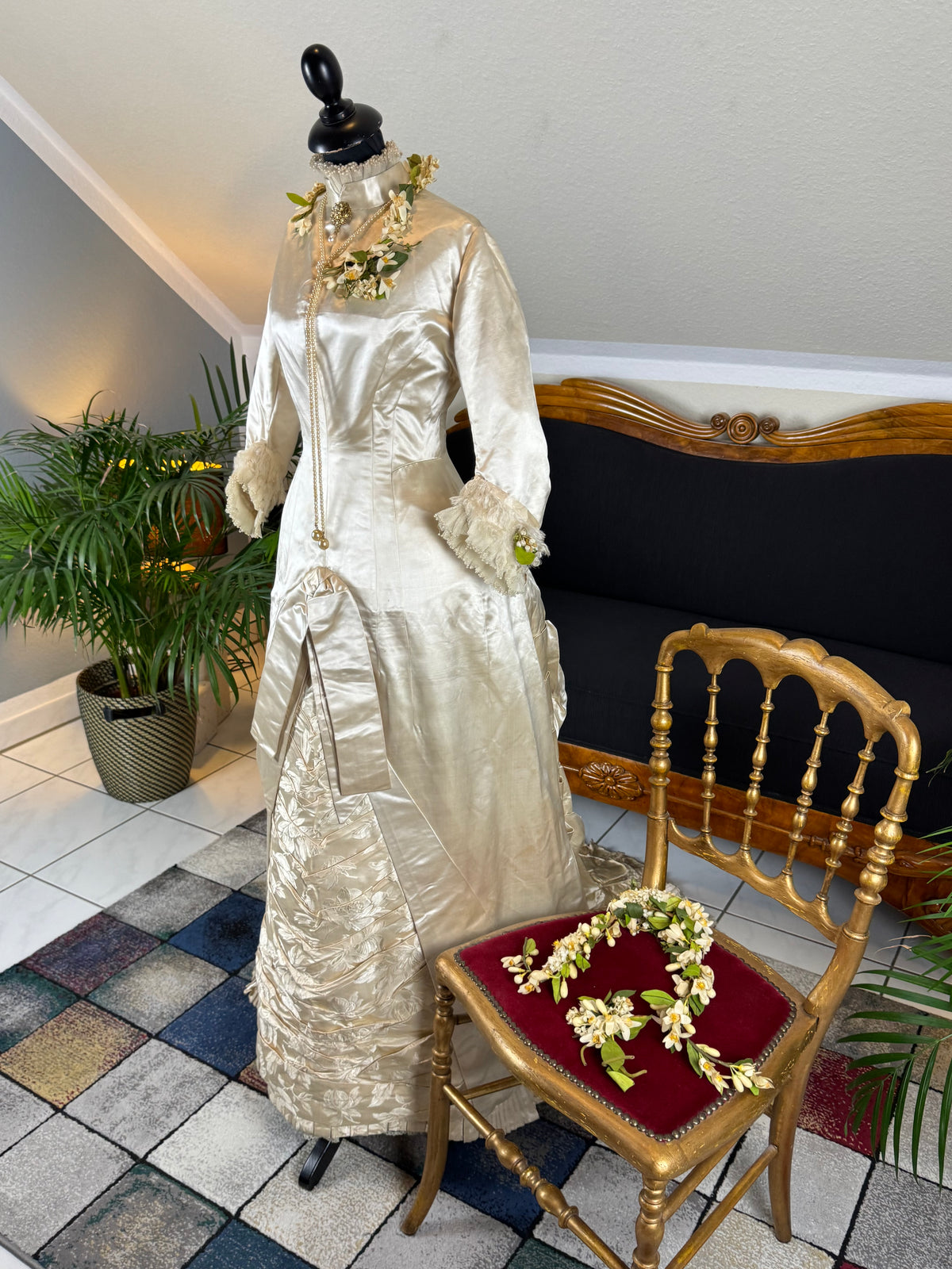 Antique 1882 cream satin silk wedding dress with pleated trims, lace, faux pearls and Kate Rimer provenance