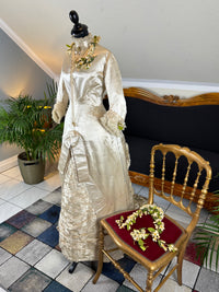 Antique 1882 cream satin silk wedding dress with pleated trims, lace, faux pearls and Kate Rimer provenance