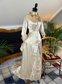 Antique Wedding Dress 1882 – Cream Satin Silk with Pleated Trims, Lace & Faux Pearls, Kate Rimer Provenance