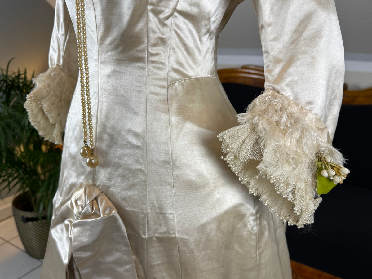 Antique Wedding Dress 1882 – Cream Satin Silk with Pleated Trims, Lace & Faux Pearls, Kate Rimer Provenance