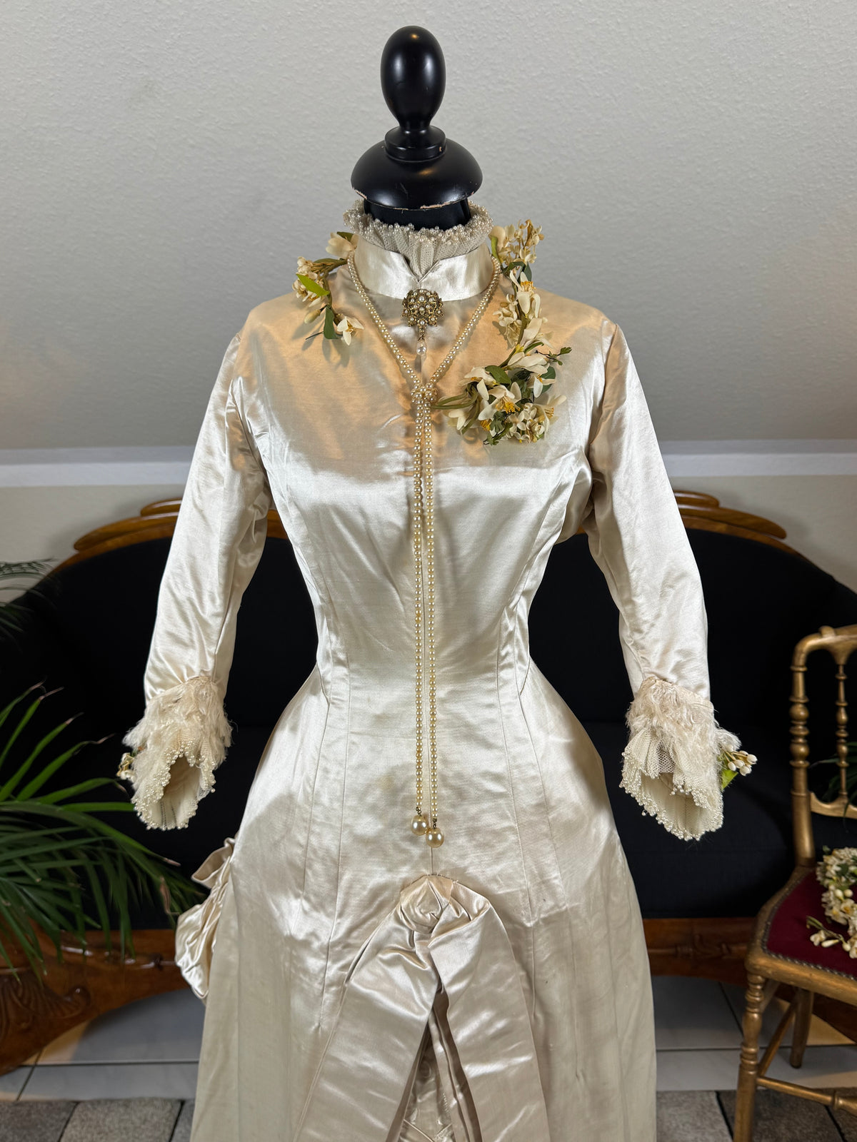 Antique Wedding Dress 1882 – Cream Satin Silk with Pleated Trims, Lace & Faux Pearls, Kate Rimer Provenance