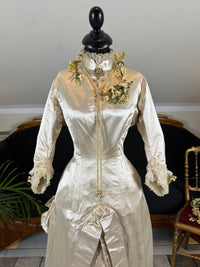Antique Wedding Dress 1882 – Cream Satin Silk with Pleated Trims, Lace & Faux Pearls, Kate Rimer Provenance