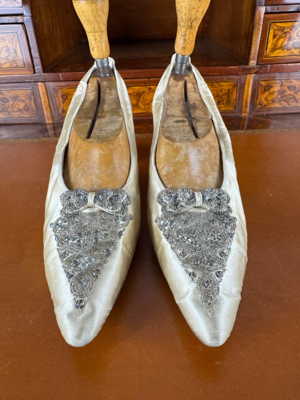 Antique 1911 silk wedding shoes with glass beads by Hook, Knowles & Co. and Lady Gillman provenance