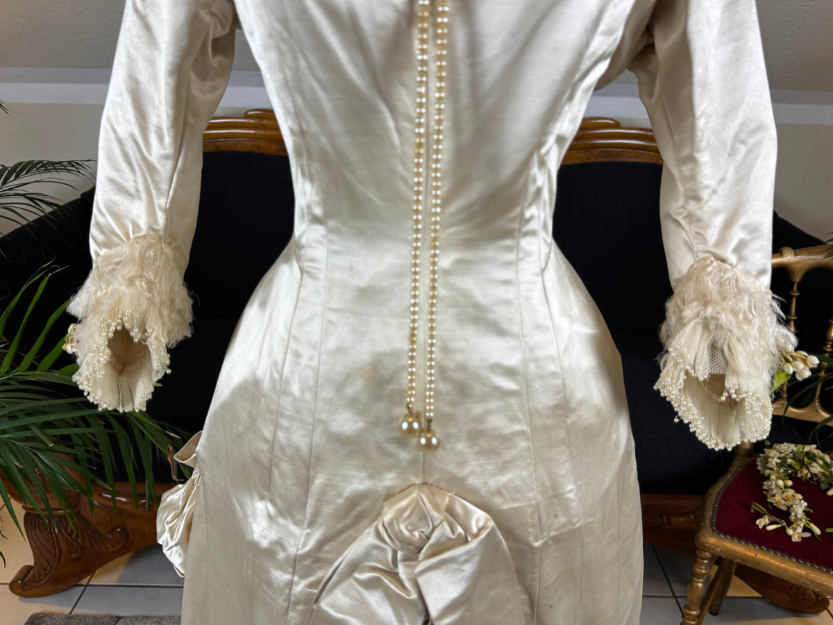 Antique Wedding Dress 1882 – Cream Satin Silk with Pleated Trims, Lace & Faux Pearls, Kate Rimer Provenance