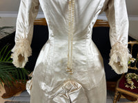 Antique Wedding Dress 1882 – Cream Satin Silk with Pleated Trims, Lace & Faux Pearls, Kate Rimer Provenance