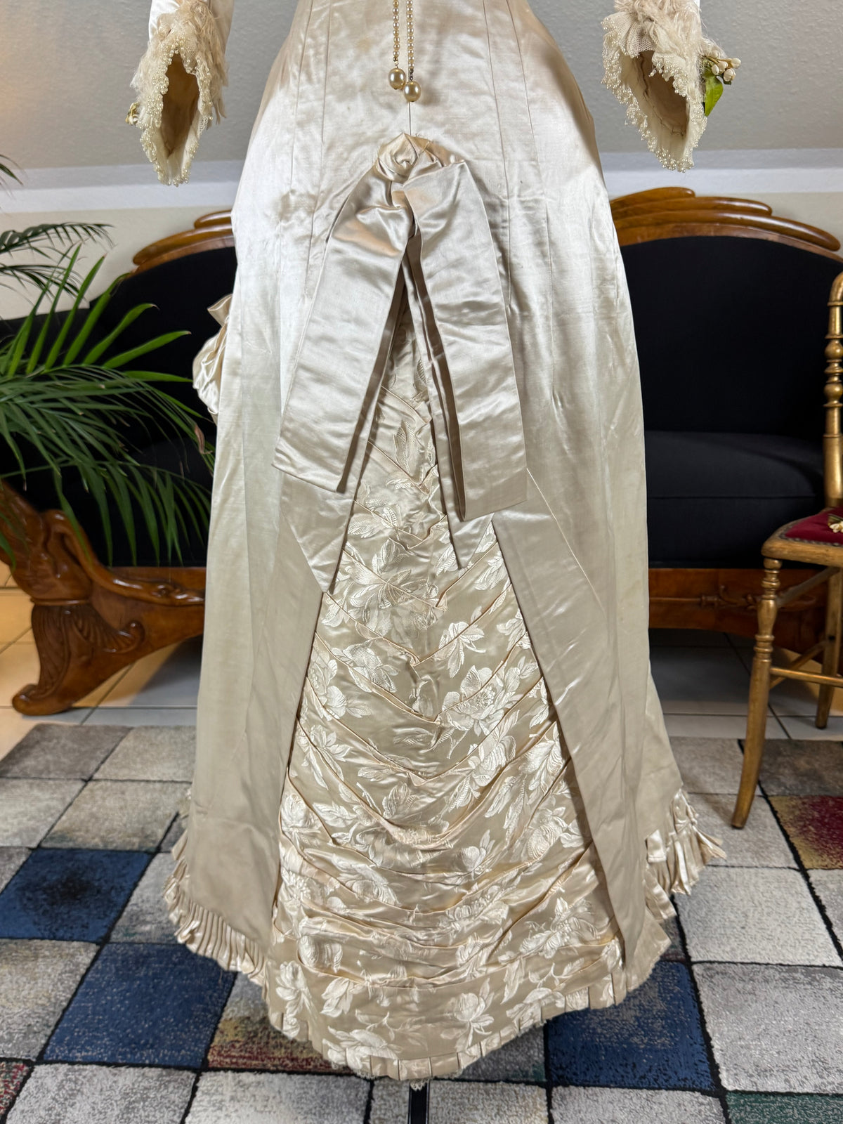 Antique Wedding Dress 1882 – Cream Satin Silk with Pleated Trims, Lace & Faux Pearls, Kate Rimer Provenance