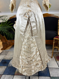 Antique Wedding Dress 1882 – Cream Satin Silk with Pleated Trims, Lace & Faux Pearls, Kate Rimer Provenance
