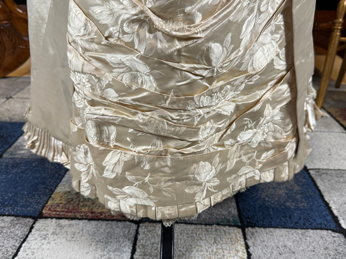 Antique Wedding Dress 1882 – Cream Satin Silk with Pleated Trims, Lace & Faux Pearls, Kate Rimer Provenance