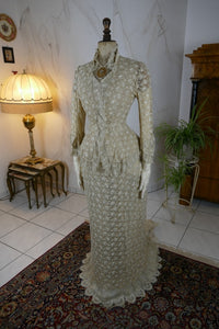 Late 1870s silk lace overdress with Bohemian glass beads and wide cuffs, antique Victorian gown