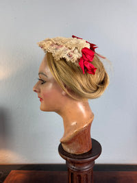 Victorian lace bonnet with red ribbons, indoor house bonnet ca. 1880, well preserved.