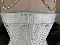 One‑piece vintage blue silk corset in 18th‑century style with hip gores and back lacing, English manufactory, excellent condition