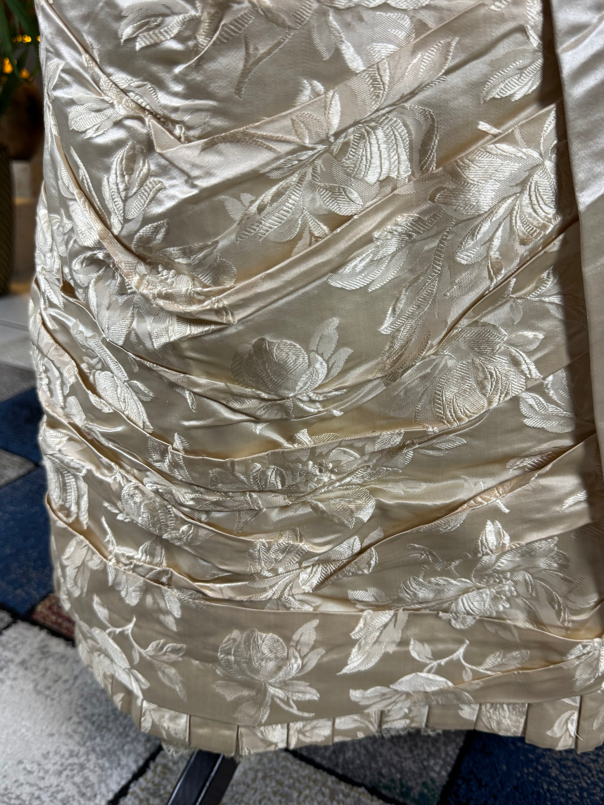 Antique Wedding Dress 1882 – Cream Satin Silk with Pleated Trims, Lace & Faux Pearls, Kate Rimer Provenance